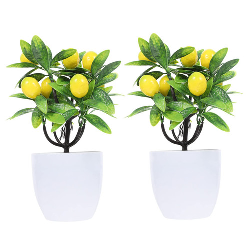 2pcs Artificial Green Plants Fake Lemons Fake Lemon Tree Green Plants Artificial Decor Artificial Citrus Tree White Table Faux Lemon Tree Small Office Plastic Mini Flowerpot