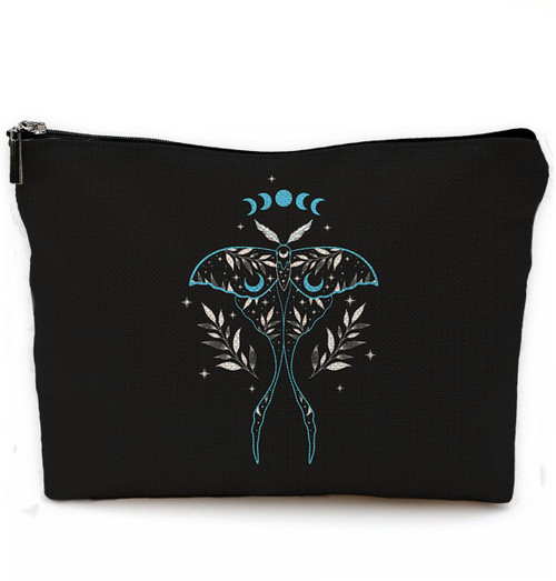 NEGIGA Blue Luna Moth Witch Makeup Bag, Goth Gothic Butterfly Moth Makeup Bag, Witch Witchy Gifts for Women, Moon Small Makeup Cosmetic Bag for Purse