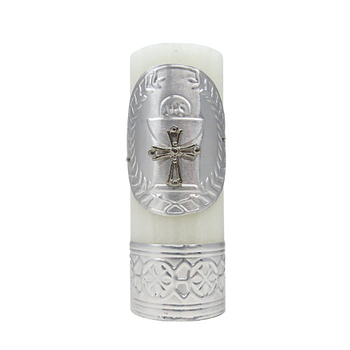 Silver Tone Unscented Pillar Candle with Chalice and Host and Cross Charm for Decoration or Jewelry Making, Decoration First Communion, 3.5 Inches