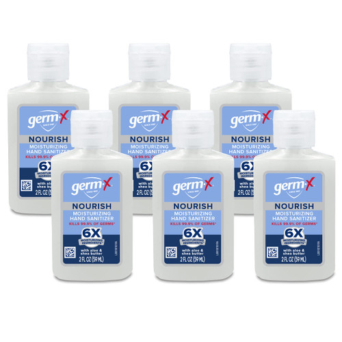 Germ-x Nourish Hand Sanitizer, Kids Hand Sanitizer, 2-in-1 Moisturizing and Sanitizing Formula with Shea Butter, Vitamin E & Aloe, Non-Greasy, Mini Travel Size for On-The-Got, 2 Fl Oz (Pack of 6)