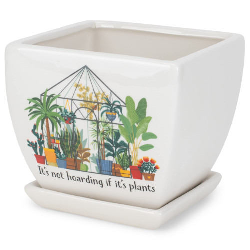 Napco Crazy Lady Square Ceramic Pot for Indoor Plants Tapered Planter with Saucer, 4.5-Inch, White