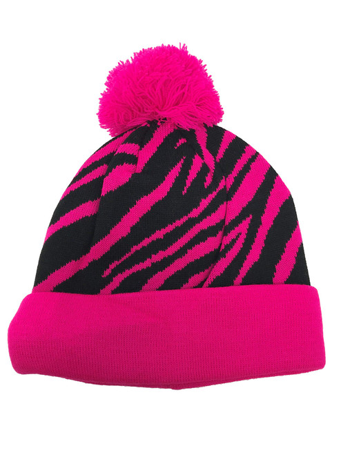 Vagabond Joes Pink Black Zebra Stripe Women's Cuffed Long Winter Pom Watch Stocking Cap Hat