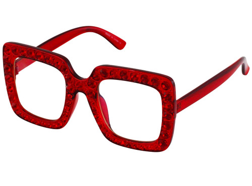 Flawless Eyewear Oversized Square Frame Crystal Bling Rhinestone Designer Sunglasses For Women 2018 (Red/Clear)