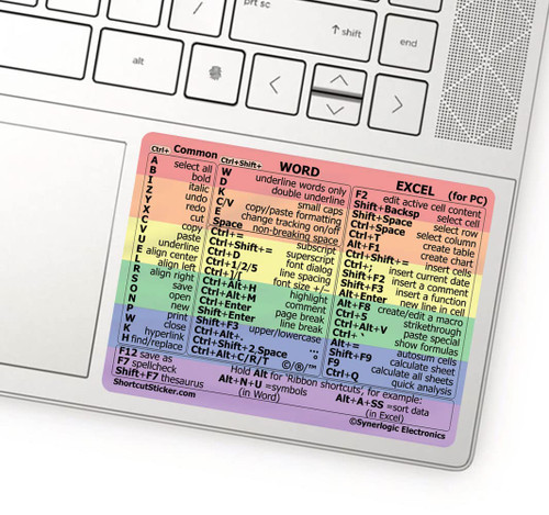 SYNERLOGIC Microsoft Word/Excel (for Windows) Reference Guide Keyboard Shortcut Sticker, Laminated, No-Residue Vinyl (Rainbow/Large, Pack of 10)