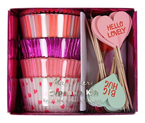 Meri Meri Valentine Cupcake Kit, 45-2593, 48 Cupcake Cases with 24 Heart Toppers