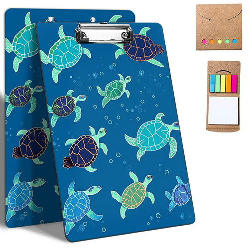 Plastic Clipboards, 9 x 12.5" Clip Boards with Low Profile Clip, Cute Clipboard Clip Board Stardard A4 Letter Size for Classroom,Office,Students,Women,Kids,with Notes,Cute Sea Turtle