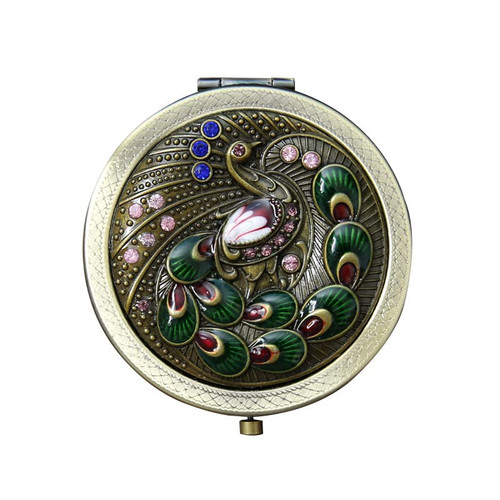 BYVUTE Vintage Makeup Mirror, Metal Portable Foldable Pocket Mirror Peacock Floral Vanity Mirror Double Sided Round Compact Cosmetic Mirror Travel Mirror for Girls Women