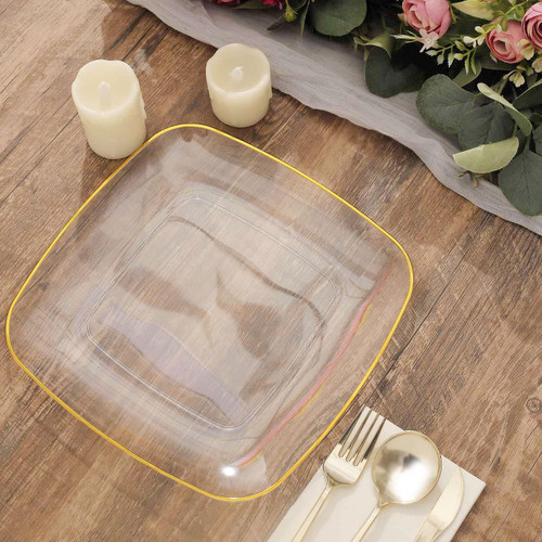 Efavormart 10 Pack | 10" Clear With Gold Rim Square Plastic Dinner Plates, Disposable Lunch Party Plates