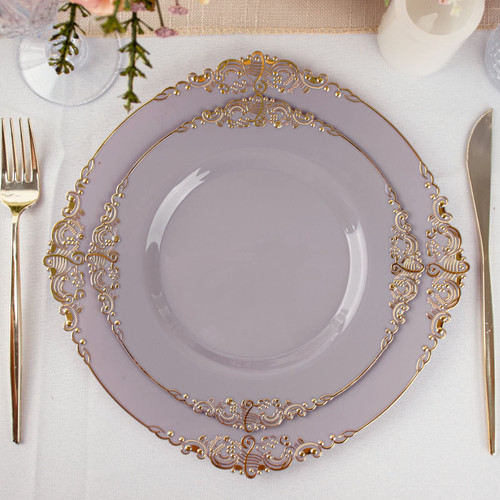 TABLECLOTHSFACTORY 10 Pack | Lavender/Gold Baroque 8" Round Plastic Dessert Salad Plates, Disposable Tableware with Leaf Embossed Gold Rim