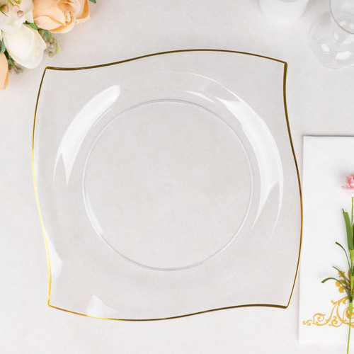 Efavormart 10 Pack | 10" Clear/Gold Wavy Rim Square Hard Plastic Dinner Plates, Disposable Party Plates