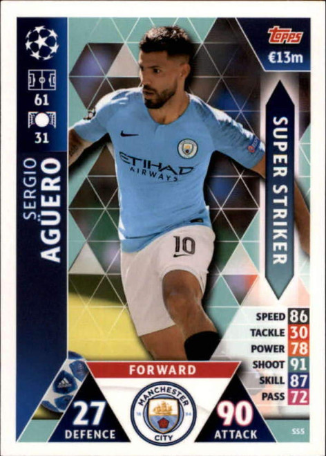 2018-19 Topps UEFA Champions League Match Attax Super Strikers #SS5 Sergio Aguero Manchester City FC Official UCL Soccer Trading Card in Raw (NM or Better) Condition