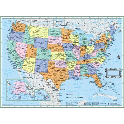 CoolOwlMaps United States Wall Map Political USA Color Poster W22"xH17" - Large Type Rolled Paper