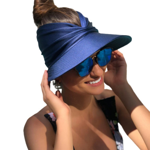 Sun Hat Women Beach Visor Cap UV Protection with Wide Brim Packable Summer Sport Ponytail Sun Cap Blue