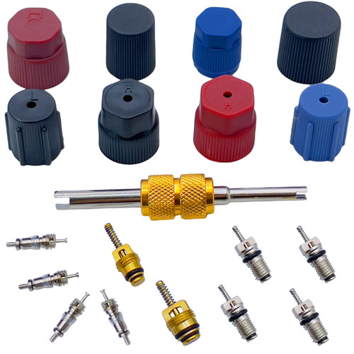 Air Conditioning Valve Core Kit | Car & Home AC R12 R134a Teflon Seal Refrigeration Schrader Valve Core with Valve Stem Core Rmover Tool Air Conditioning AC System Charging Port Seal Caps Kit
