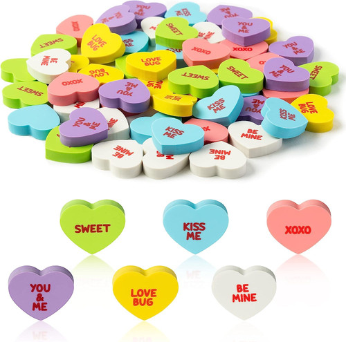 BeYumi 60Pcs Valentine's Day Conversation Heart Mini Erasers for Kids Bulk Assorted Candy Colors Novelty Heart Pencil Eraser School Classroom Prizes Student Homework Rewards Gift Filling Party Favors
