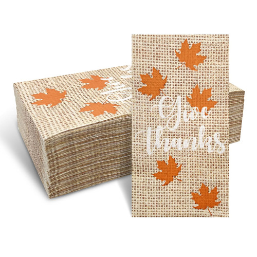 60 Pcs Burlap Printed Give Thanks Disposable Bathroom Napkins, Thanksgiving Maple Leaf Guest Towels Hand Towels Paper Guest Napkins for Bathroom Kitchen Camping Cocktail Party 4.3 x 7.8 inch