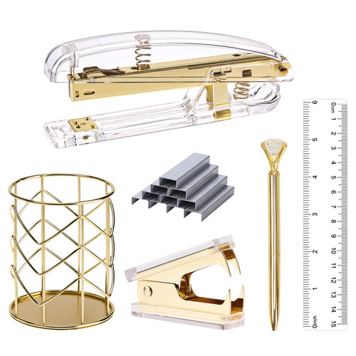 EOOUT Gold Desk Accessories, Office Supplies and Accessories Set, Acrylic Stapler Set, Staple Remover, Pen Holder, Ballpoint Pen, Ruler and Staples