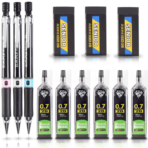 Ipienlee 0.7 mm Mechanical Pencil Set Including 3pcs Mechanical Pencils with 6 Tubes 2B Lead Refills and 3pcs Black 2B Erasers for Writing Draft, Drawing, Sketch, Architecture