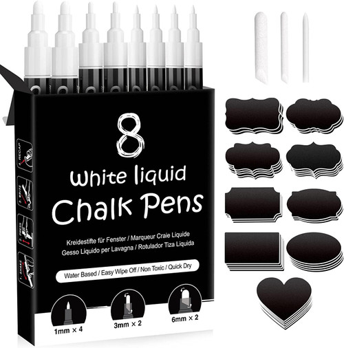 SAKEYR White Chalk Markers -Wet Erase Markers Fine Point Chalk Pens for Blackboard, Chalkboard Signs, Windows, Glass, 8 Pack White Liquid Chalk Markers Chalkboard Markers-1/3/6mm