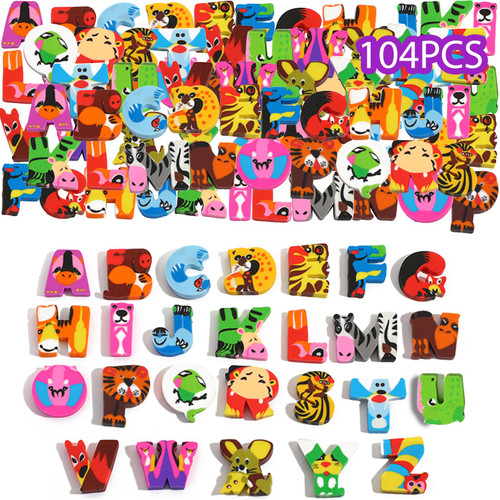 Kleeblatt Letters Animals Erasers for Kids Bulk, 104 PCS Large Fun Desk Pets for Kids Classroom, Treasure Box Prizes,Party Favors for Kids Goodie Bags, Back to School Gifts for Students