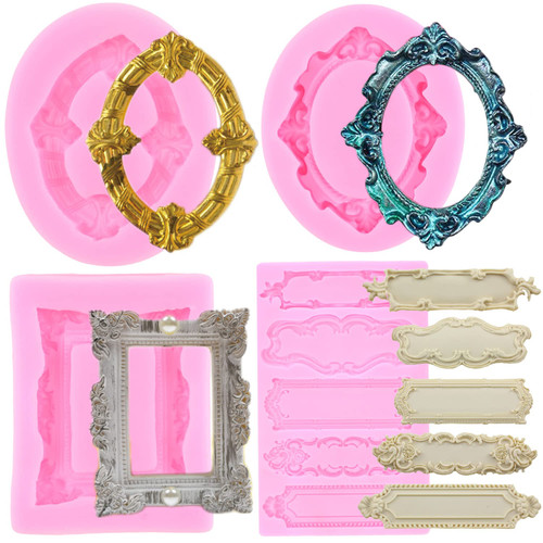 MYPRACS Photo Frame Silicone Mold Baroque Style Picture Frame Fondant Mold Vintage Frame Molds For Cake Decorating Cupcake Topper Candy Polymer Clay Chocolate Gum Paste Set Of 4