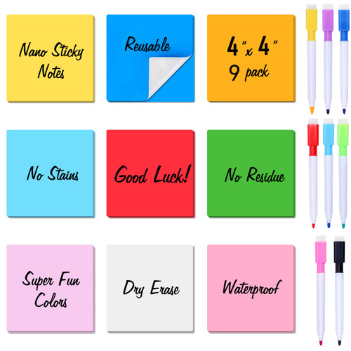 Zayvor 9 Dry Erase Sticky Notes,Reusable Washable Mini Whiteboard Stickers Squares,4x4 INCH Nano Sticky Notes Post It Notes,8 Dry Markers with Eraser,for Labels Lists Reminders, Washable, Removable