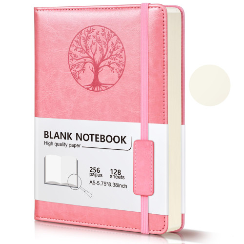 Blank Journal Notebook for Women Men, Pink A5 Unlined Journal for Writing Sketchbook, Hardcover Leather Unruled Jouranl Notebook for Work with 256Pages Thick Paper for Writing, Drawing, Sketching and Journaling,Travel( 5.75'' X 8.38'')