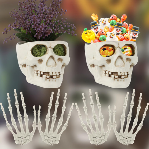 Sieral 2 Set Halloween Skull Planter with Halloween Skeleton Hands Human Head Skull Shaped Succulent Pot Resin Skull Flower Pot Life Size Plastic Skeleton Hands for Home Office Desk Party Decor Props