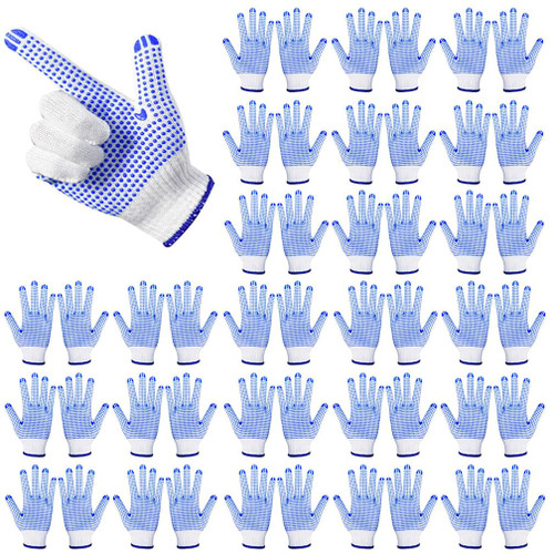 BetterRain (12 Pair) PVC dots,Cotton Gloves with Rubber Dots,Elastic safety Work,Knitted Hand Work Gloves,for Men, Women, BBQ, Hand Repair, Painter Mechanic Warehouse Gardening(Large)(Blue)