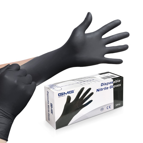 GMG SINCE1988 Exam Gloves, Nitrile Disposable Gloves Latex Free Powder Free, 50 Pack Black Nitrile Gloves, Large