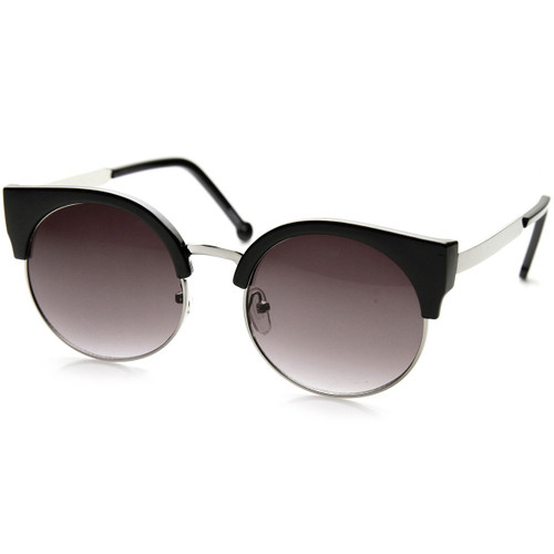 zeroUV Classic Round Half Frame Metal Temple Circle Cat Eye Sunglasses (Black-Silver Lavender)