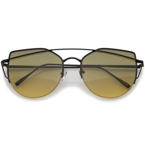 zeroUV - Women's Semi Rimless Metal Brow Bar Round Colored Flat Lens Cat Eye Sunglasses (Black/Brown Gradient)