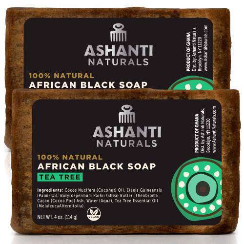 Ashanti Naturals African Black Soap Bar | Scented Natural Black Soap with Raw Shea Butter and Coconut Oil - 2pk 4oz Bars (Tea Tree)