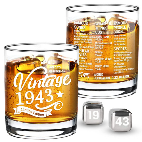 Old Fashioned Glasses-1943-Vintage 1943 Old Time Information 10.25oz Whiskey Rocks Glass -80th Birthday Aged to Perfection - 80 Years Old Gifts Bourbon Scotch Lowball Old Fashioned-1PACK Old Fashioned Glasses-1943-Vintage 1943 Old Time Information 10.25oz Whiskey Rocks Glass -80th Birthday Aged to Perfection - 80 Years Old Gifts Bourbon Scotch Lowball Old Fashioned-1PACK