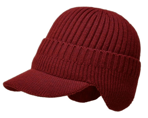 MINAKOLIFE Men's Winter Visor Beanie Hat with Earflaps Knit Baseball Cap with Brim Ski Hat Warm Fleece Lined Hunting Hat (Wine)