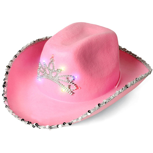 Light Up Pink Cowboy Hat for Women Girls, LED Cowgirl Hat Sparkly Cowboy Hat with Tiara Sequin Brim, Felt Preppy Hat Cute Cowgirl Hat for Halloween Costume Bachelorette Parties Western Hat