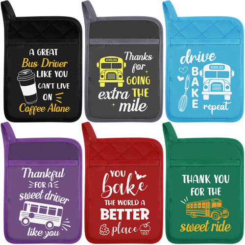 6 Pieces Bus Driver Gifts School Bus Pot Holders Heat Resistant Bus Driver Oven Mitt with Hand Pocket and Hanging Loop Cookies Oven Pads for Bus Driver