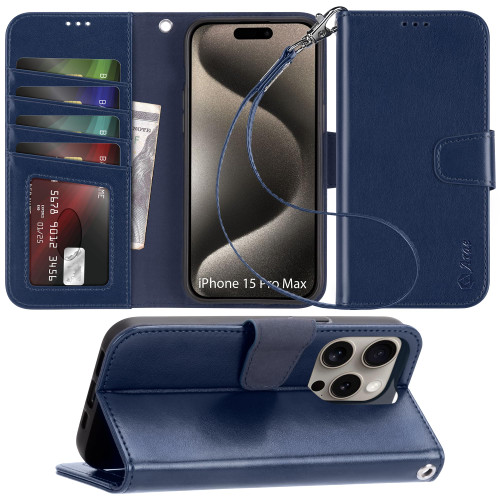 Arae Compatible with iPhone 15 Pro Max Case with Card Holder and Wrist Strap Wallet Flip Cover for iPhone 15 Pro Max 6.7 inch,Blue