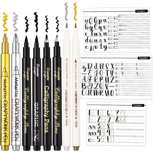 Chinco 9 Pieces Calligraphy Set for Beginners learn Caligraphy Kits, Including 8 Pieces Calligraphy Brush Pens Hand Lettering Pens and Lettering Workbook Calligraphy Book for Teen Kid Adult