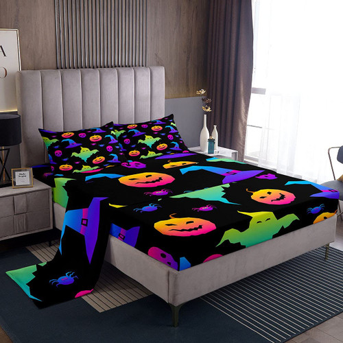 Halloween Pumpkin Bed Sheet Set Queen Size Cartoon Neon Skull Bedding Set Teal Spooky Ghost Bed Sheets Set For Kids Boys Girls Teens Bedroom Witch Hat Fitted Sheet + Flat Sheet + 2 Pillow Cases