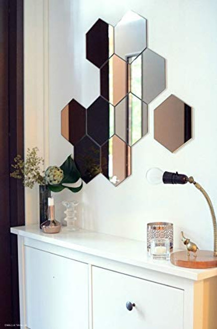 MRPlus 12 Mirror Wall Stickers Non Glass Mirror Plastic 3D Hexagon Acrylic Mirror Wall Decor Self Adhesive Tiles for Decoration