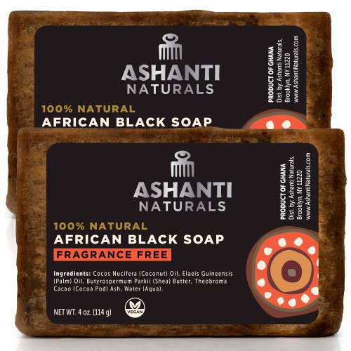 Ashanti Naturals African Black Soap Bar | Scented Natural Black Soap with Raw Shea Butter and Coconut Oil - 2pk 4oz Bars (Fragrance Free)