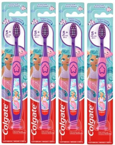 Colgate Mermaid Toothbrush with Suction Cup for Children 5+ Years Old, Extra Soft (Colors Vary) - Pack of 4