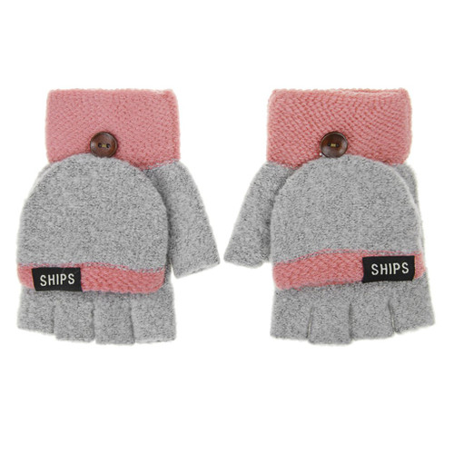 Women Girls Cute Cartoon Rabbit Convertible Flip Top Gloves with Mitten Cover Winter Warm Wool Knitted Half Finger Gloves Thermal Cozy Fingerless Magic Gloves Handwarmer (Grey+Pink)