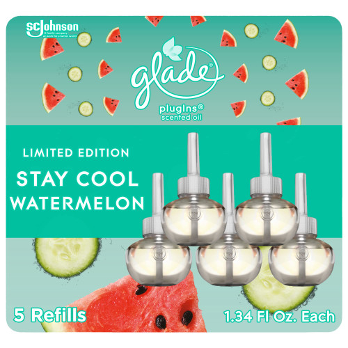 Glade PlugIns Refills Air Freshener, Scented and Essential Oils for Home and Bathroom, Stay Cool Watermelon, 3.35 Fl Oz, 5 Count Glade PlugIns Refills Air Freshener, Scented and Essential Oils for Home and Bathroom, Stay Cool Watermelon, 3.35 Fl Oz, 5 Count