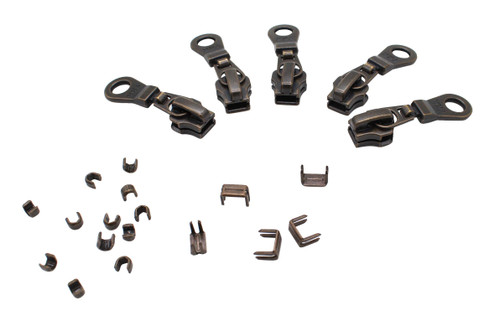 YKK Zipper Repair Kit Solution # 5 Zipper Sliders with Donut Pulls - 5pcs with Top and Bottom Stoppers - Antique Brass