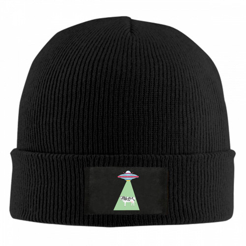 UFO Cow Abduction Beanie Hat for Women Men Winter Hat Womens Cuffed Winter Beanie Warm Skull Cap Plain Knit Hat Cap Black