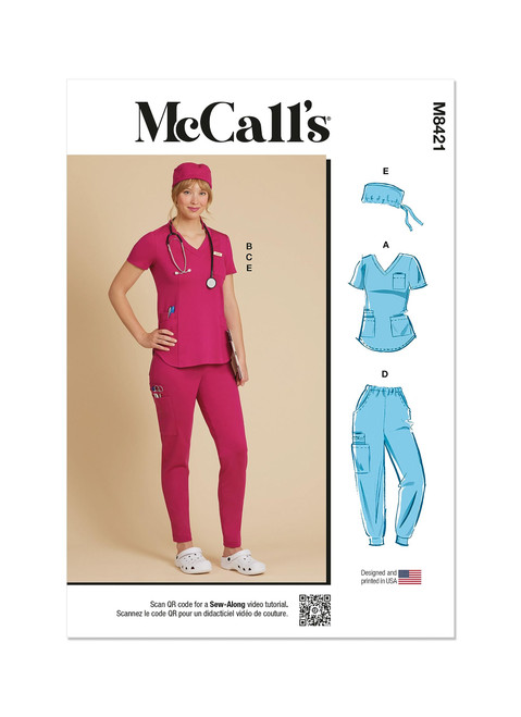 McCall's Misses' Knit Scrub Tops, Cap, Pants, and Jogger Sewing Pattern Kit, Design Code M8421, 6-8-10-12-14, Multicolor