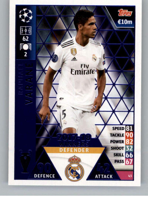 2018-19 Topps UEFA Champions League Match Attax #43 Raphael Varane 17-18 Real Madrid Winners Official Futbol Soccer Card