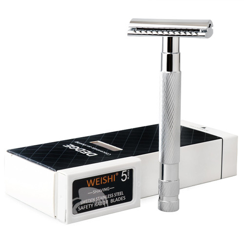 DEDGE Classic Double Edge Safety Razor Single Blade Weighted Design Razor for Men, Reusable Razor, with 5 Premium Razor Blades (Chrome)